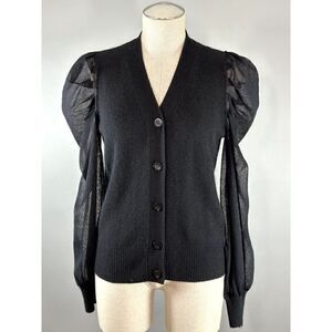 Neiman Marcus Cashmere Sheer Gauze Blouson-Sleeve Cardigan in Black Size M